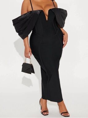 Fashion Nova Black Off-Shoulder Corset Midi Dress